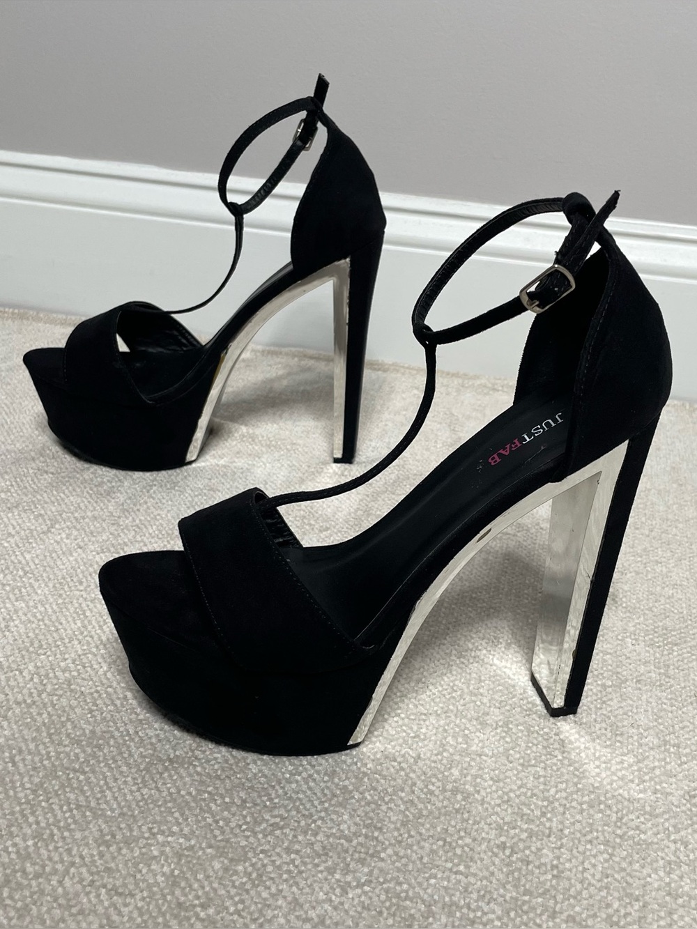 JustFab Black Suede Platform Ankle-Strap Heels Size 8